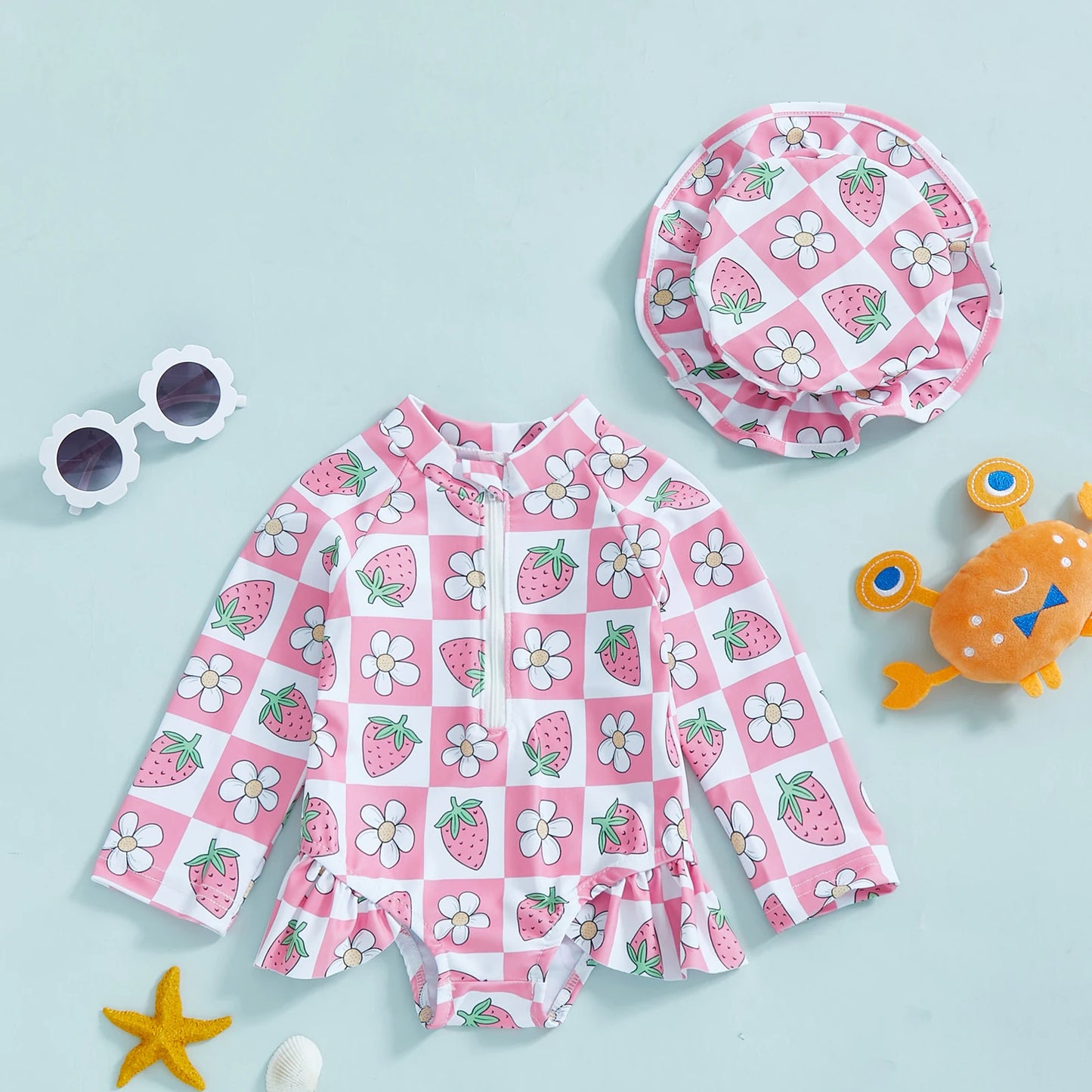 Baby Toddler Girls 2Pcs Rash Guard Swimsuit with Hat Bow Floral Print Zip Up Long Sleeve Crew Neck Swimwear Bathing Suit Set