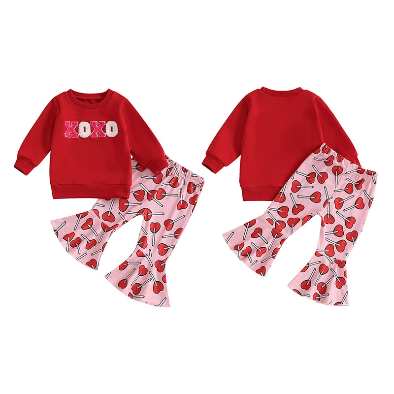 Baby Toddler Girls 2Pcs XOXO Valentine's Day Outfit Letter Embroidery Crew Neck Long Sleeve Top Flare Lolipop Print Pants Clothes Set Valentines