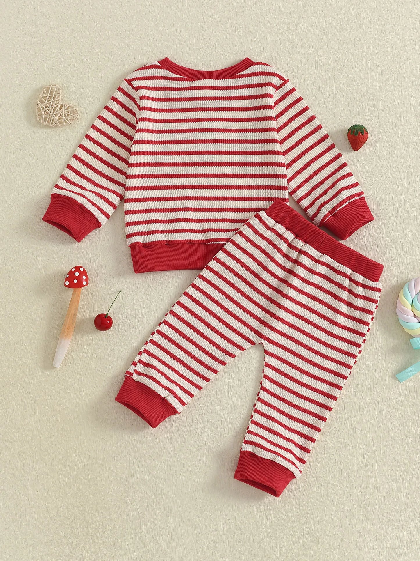 Baby Toddler Girls 2Pcs Autumn Pants Sets Strawberry Embroidery Long Sleeve Top Striped Pants Set