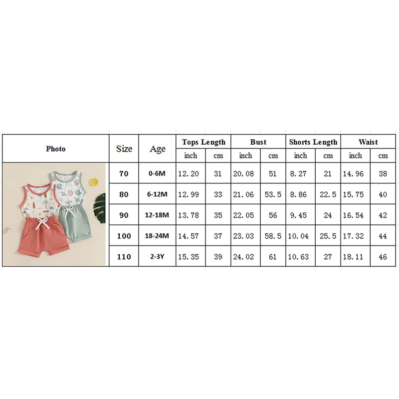 Baby Toddler Boys 2Pcs Summer Clothes Sleeveless Pattern Sea Turtles Palm Tree Waves Print Tank Top Solid Shorts Set Beach Outfit