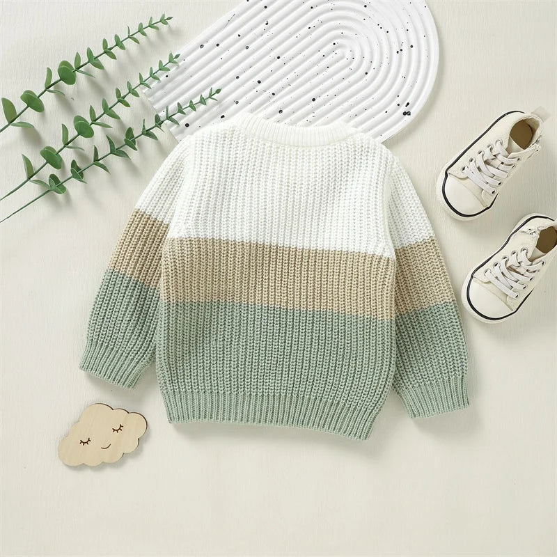 Baby Toddler Boys Girls Knit Sweater Contrast Color Pocket Crewneck Pullover Long Sleeve Top