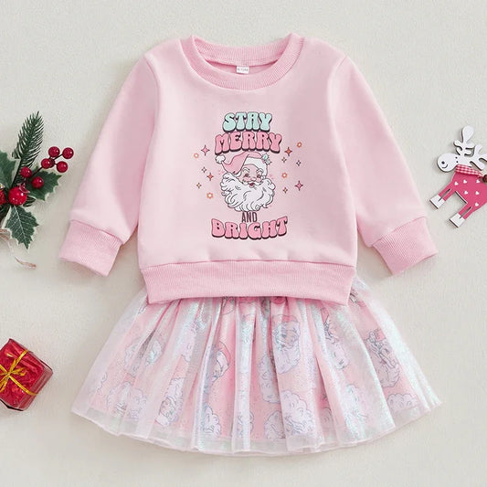 Baby Toddler Girls 2Pcs Christmas Set Stay Merry And Bright Santa Claus Print Long Sleeve Crewneck Top Puffy Gauze Skirt Outfit