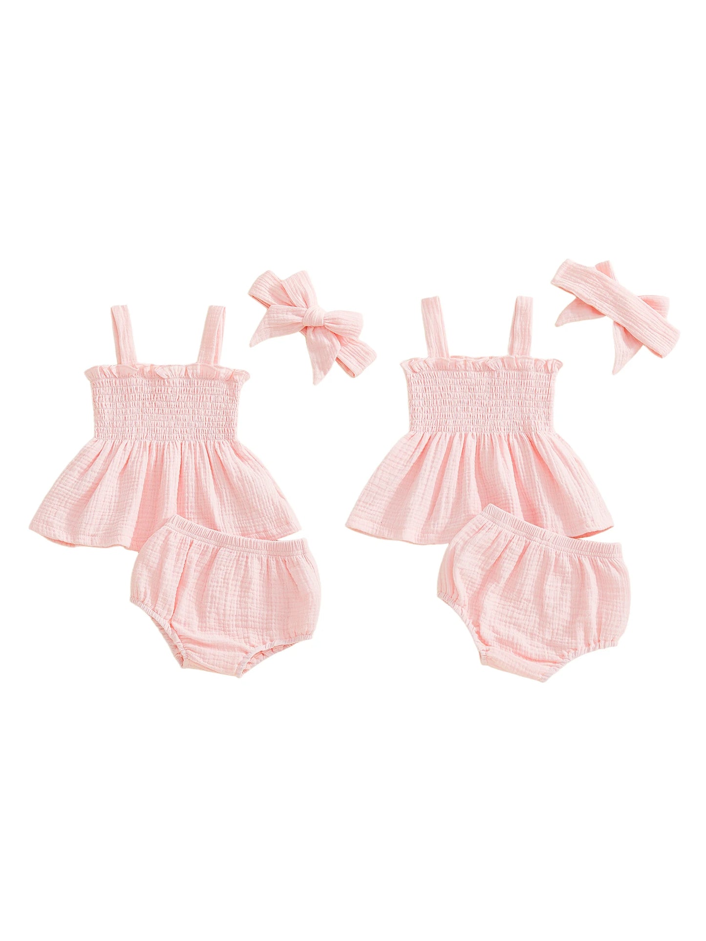 Baby Girl Summer Outfits Solid Color Ruffled Trim Smocked A Line Sleeveless Tops Shorts and Headband 3 Pcs Set