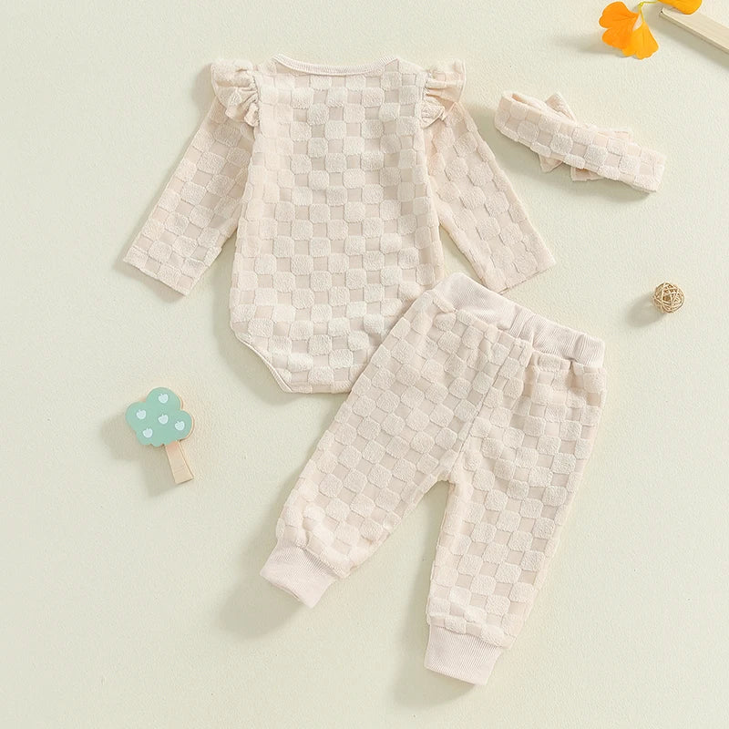 Baby Girls 3Pcs Set Checkered Button Long Sleeve Round Neck Ruffled Romper Long Pants Hair Band Outfit