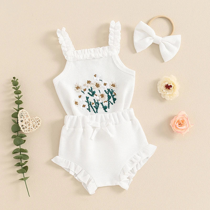 Baby Girl 3Pcs Summer Outfit Waffle Flower Embroidered Sleeveless Romper Ruffles Tank Top Shorts Headband 3Pcs Set