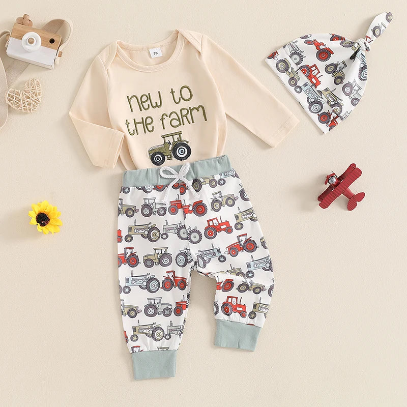 Baby Boys 3Pcs New To The Farm Long Sleeve O-Neck Embroidery Romper with Tractor Print Pants Hat Outfit Set