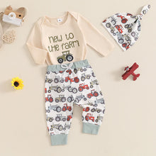 Load image into Gallery viewer, Baby Boys 3Pcs New To The Farm Long Sleeve O-Neck Embroidery Romper with Tractor Print Pants Hat Outfit Set
