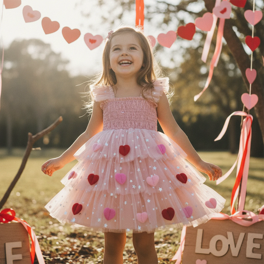 Baby Toddler Kids Girls Valentine's Day Tutu Dress Heart Decorated Sleeveless Square Neck Tulle Layered Dress