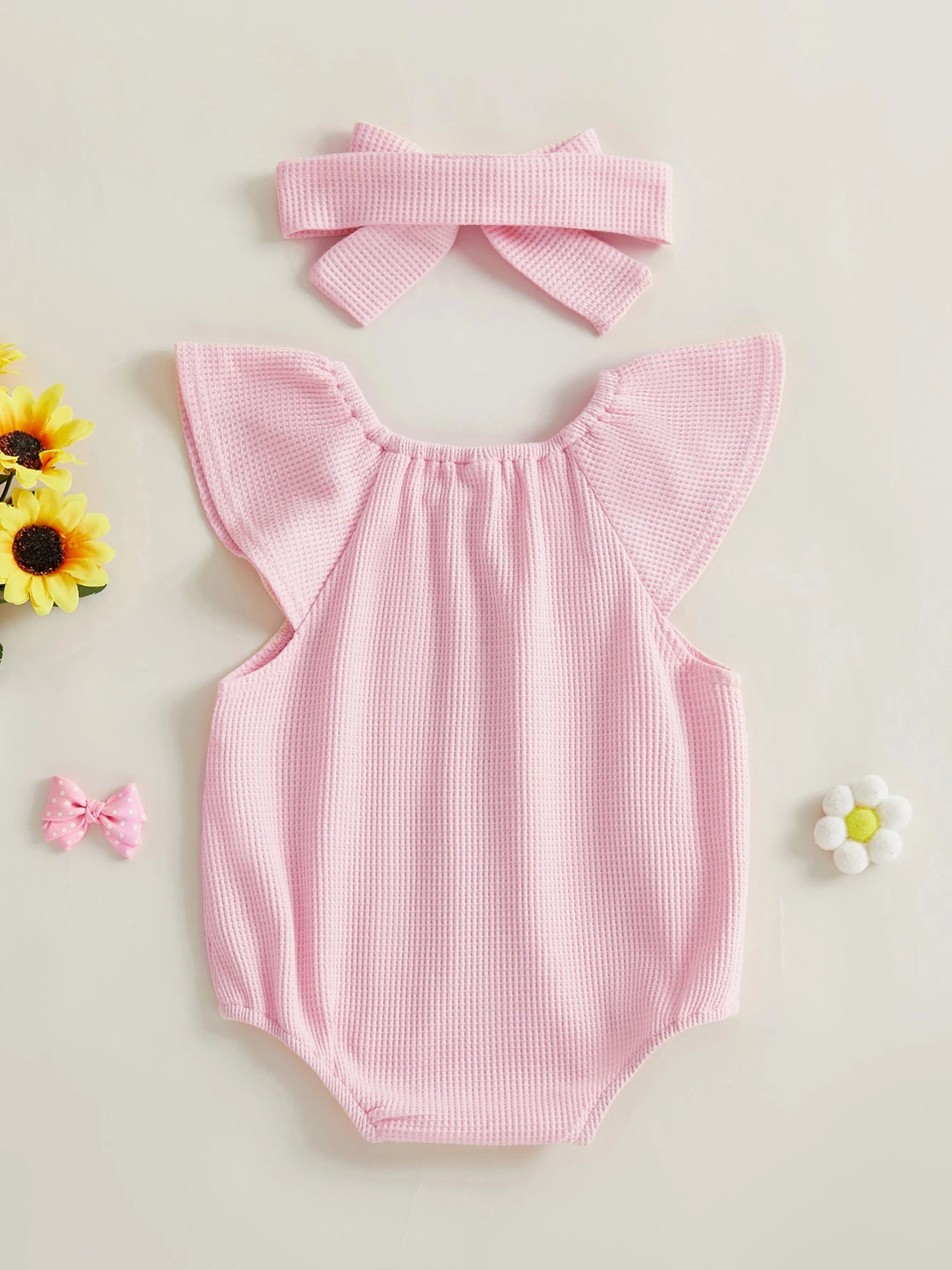 Baby Girl 2Pcs Spring Summer Waffle Romper Short Flying Sleeve O Neck Solid Color Romper with Headband Set