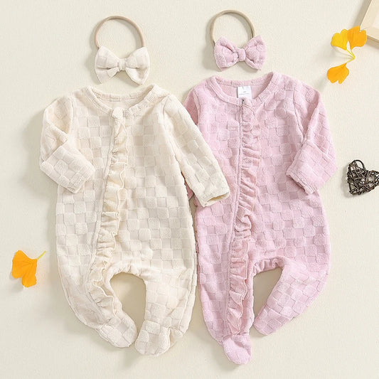 Baby Girls 2Pcs Outfit Frill Trim Long Sleeve Footed Jumpsuit Bow Headband Fall Set