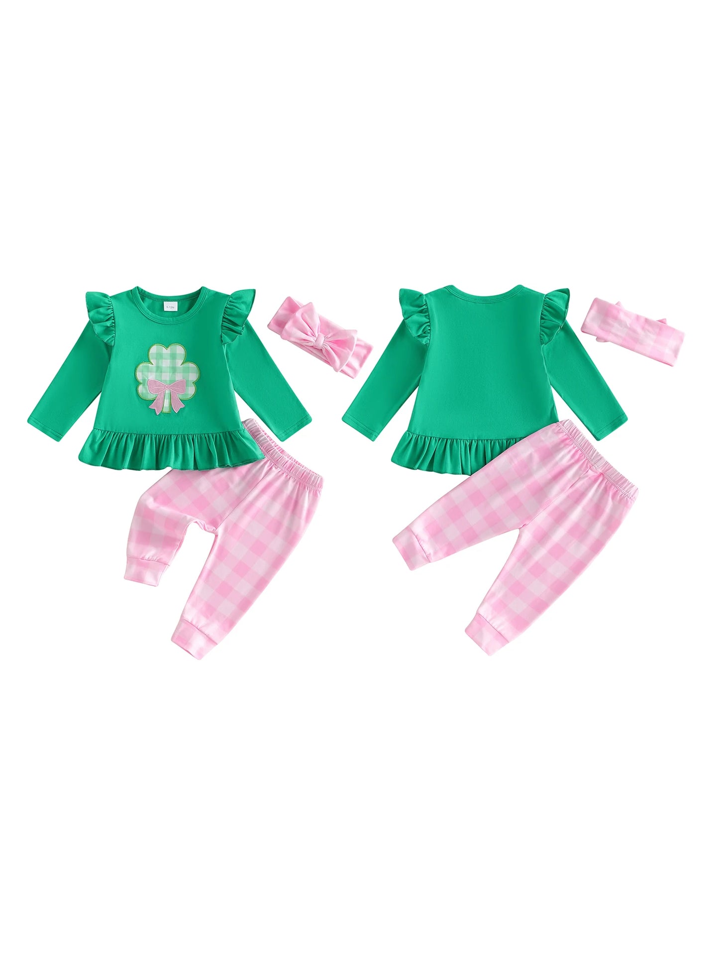 Baby Toddler Girls 3Pcs St. Patrick's Day Set Long Sleeve Clover Print Top Plaid Pant Headband Clothing Set