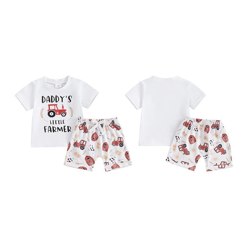 Toddler Baby Boy 2Pcs Daddy's Little Farmer Tractor Short Sleeve Letter Print Top + Elastic Waist Tractor Cow Hay Print Shorts Summer Set