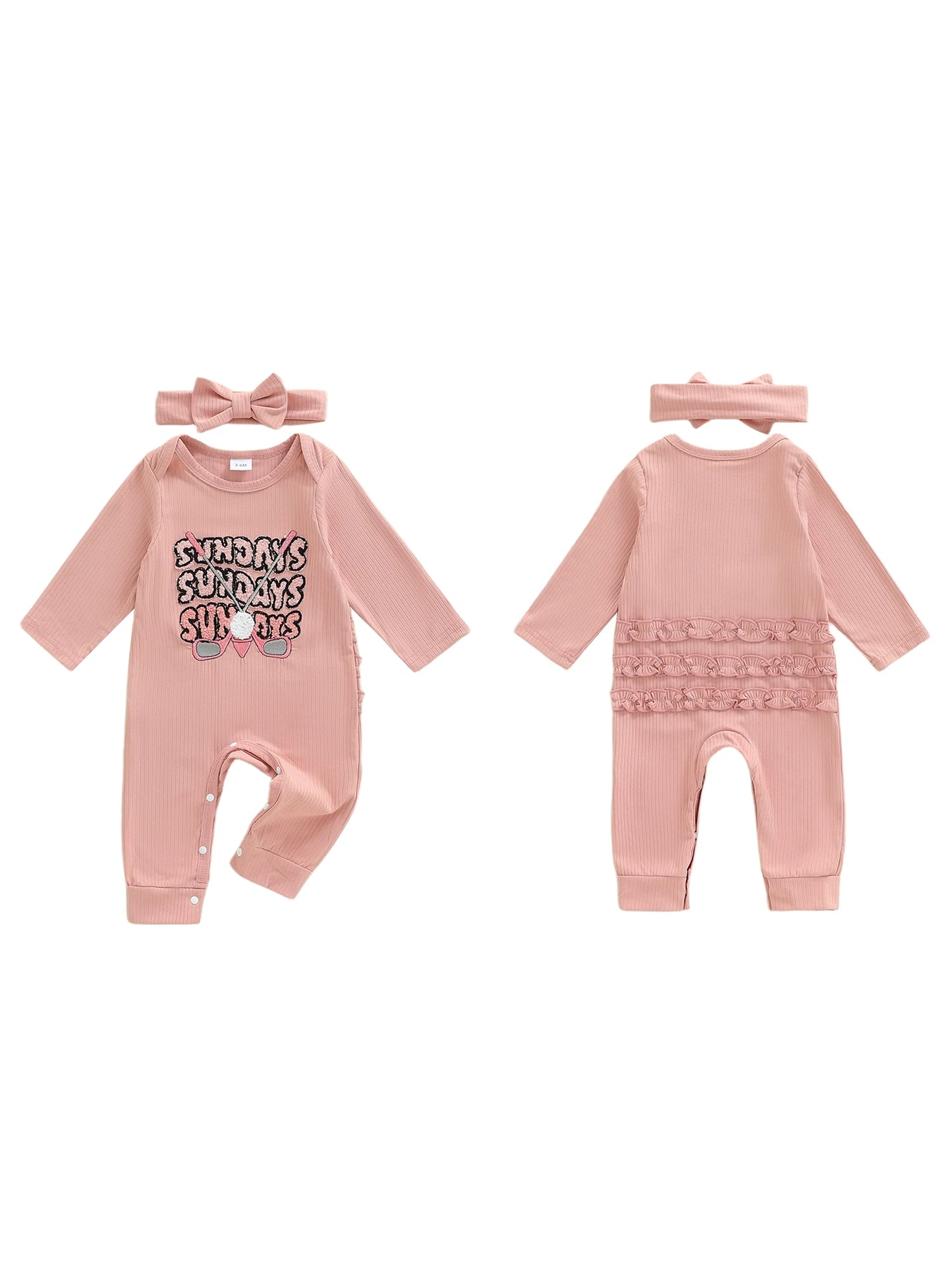 Baby Girl 2Pcs Sunday Outfit Golf Embroidered Ribbed Crew Neck Long Sleeve Romper and Bow Headband Set