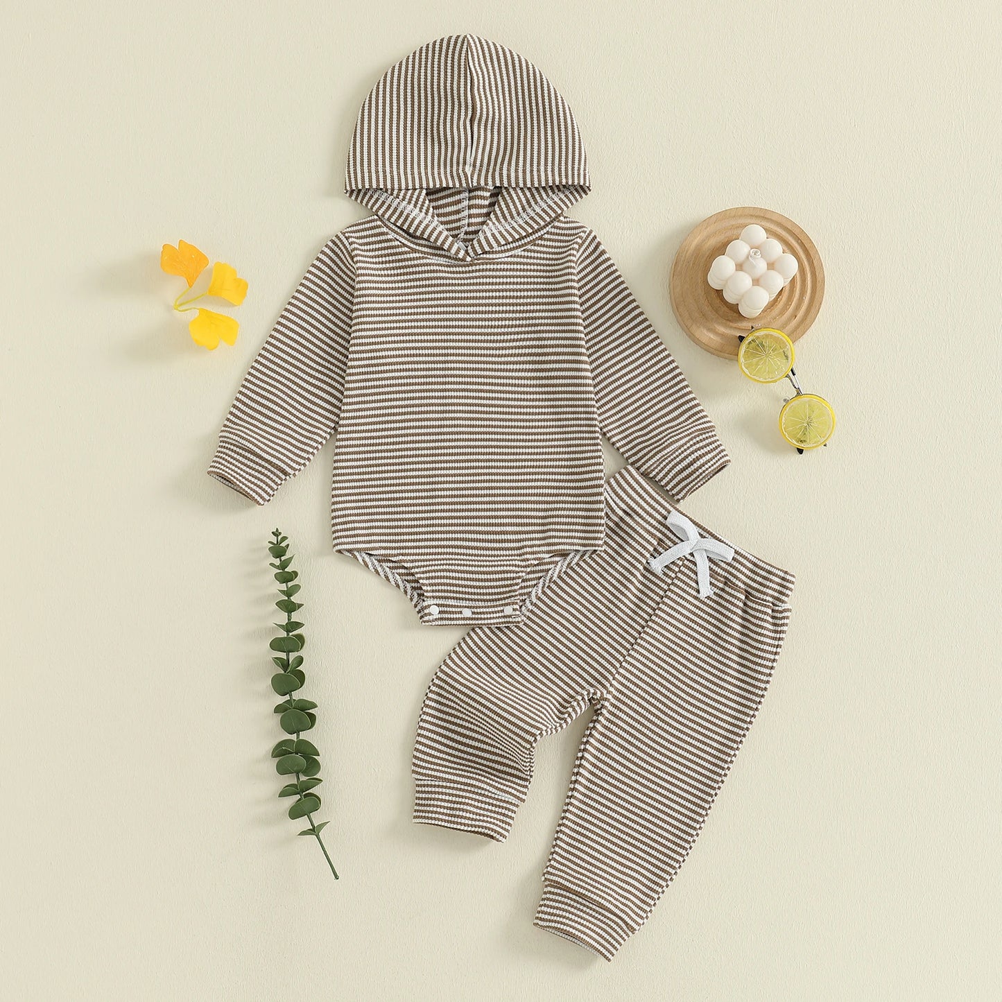 Baby Toddler Boys 2Pcs Striped Sets Fashionable Long Sleeve Hooded Romper with Jogger Pants 2Pcs Outfits