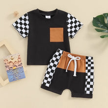 Load image into Gallery viewer, Toddler Baby Boy 2Pcs Summer Outfits Checker Short Sleeve Tops + Patchwork Shorts Set
