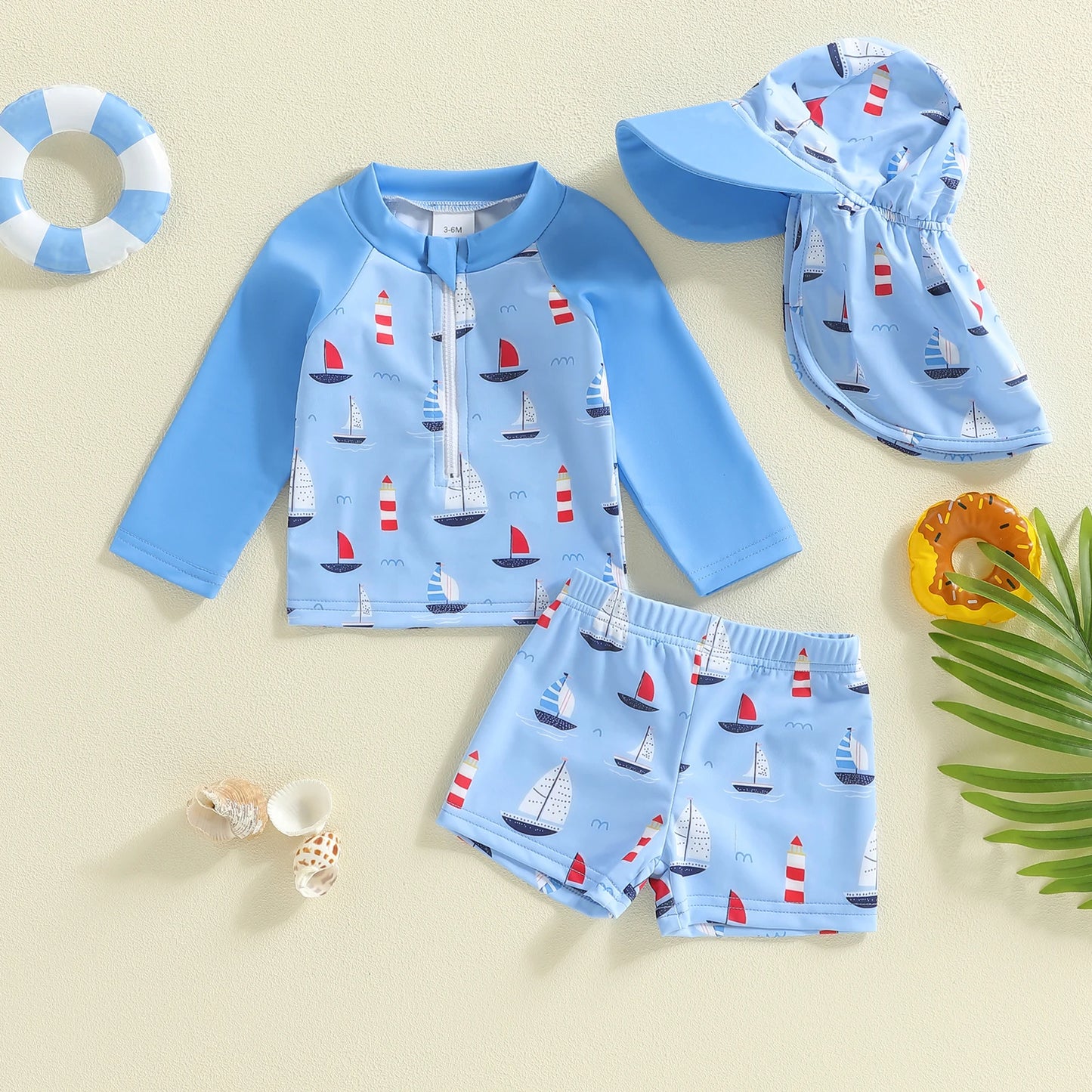 Baby Toddler Boys 3Pcs Rash Guard Swimsuits Long Sleeve Shark/Sailboat Print Bathing Suit Top and Shorts Swimwear with Hat Set