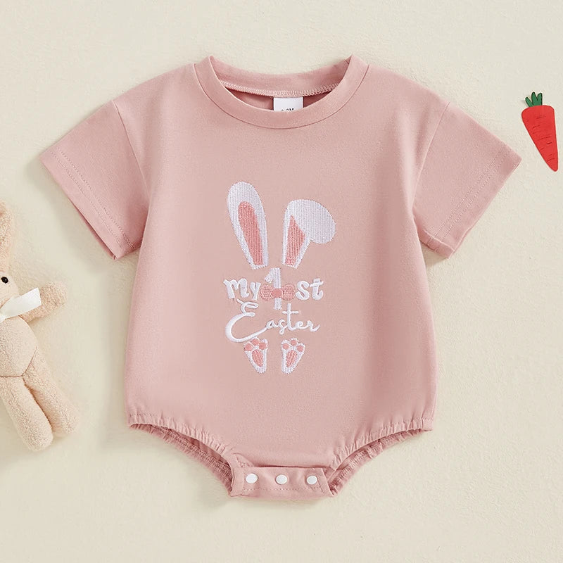 Baby Girls Boys Easter Jumpsuit Some Bunny Loves You / My 1st Easter / Happy Easter / Rabbits Embroidered Short Sleeve Bodysuit Romper