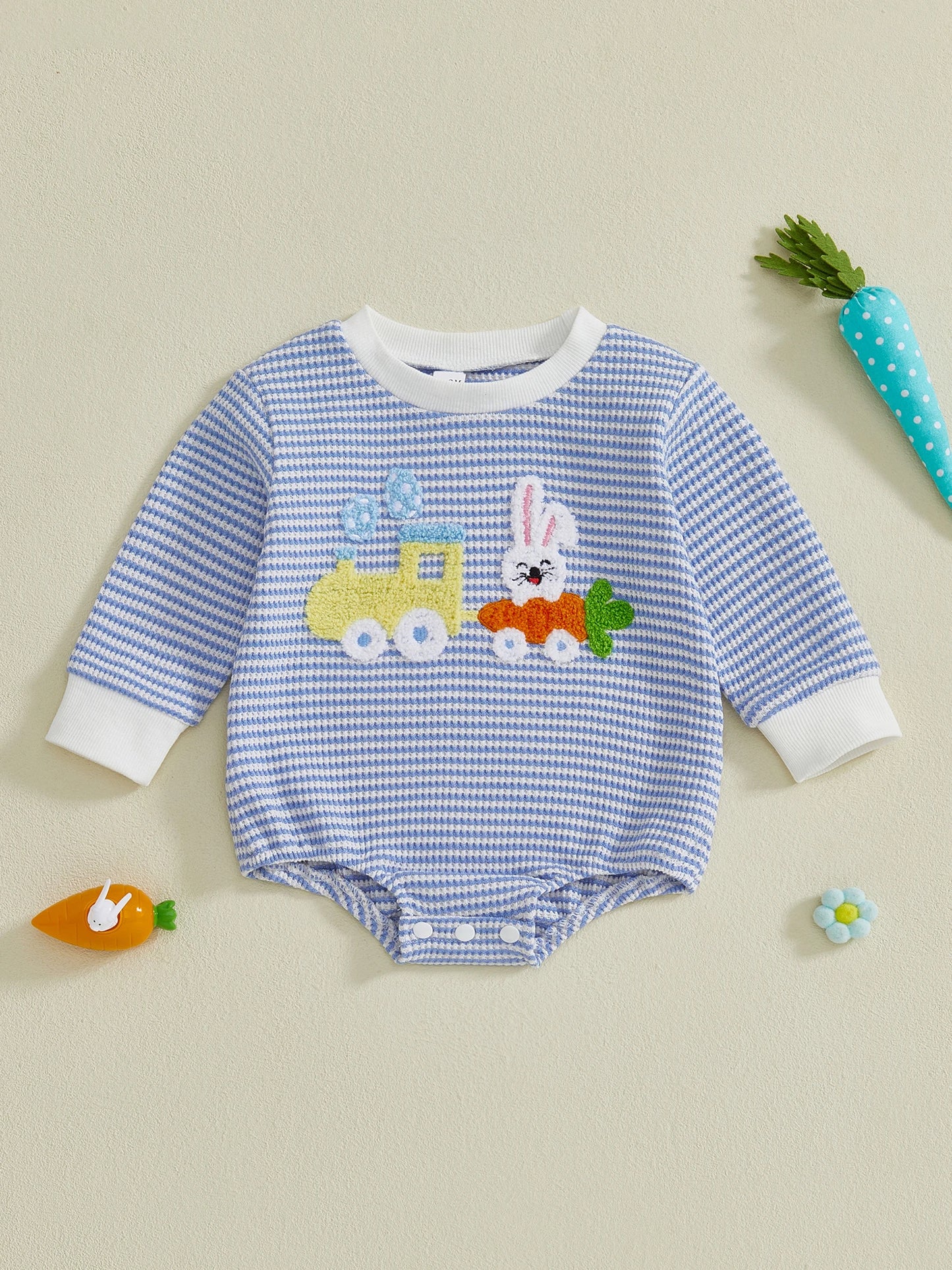 Baby Boy Easter Romper Striped Train Carrot Bunny Embroidered Long Sleeve Jumpsuit Casual Spring Clothes