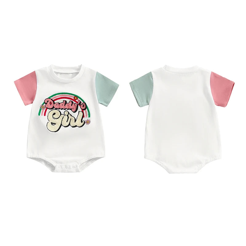 Baby Girls Daddy's Girl Bodysuit Short Sleeve Crew Neck Embroidery Letters Rainbow Jumpsuit Romper