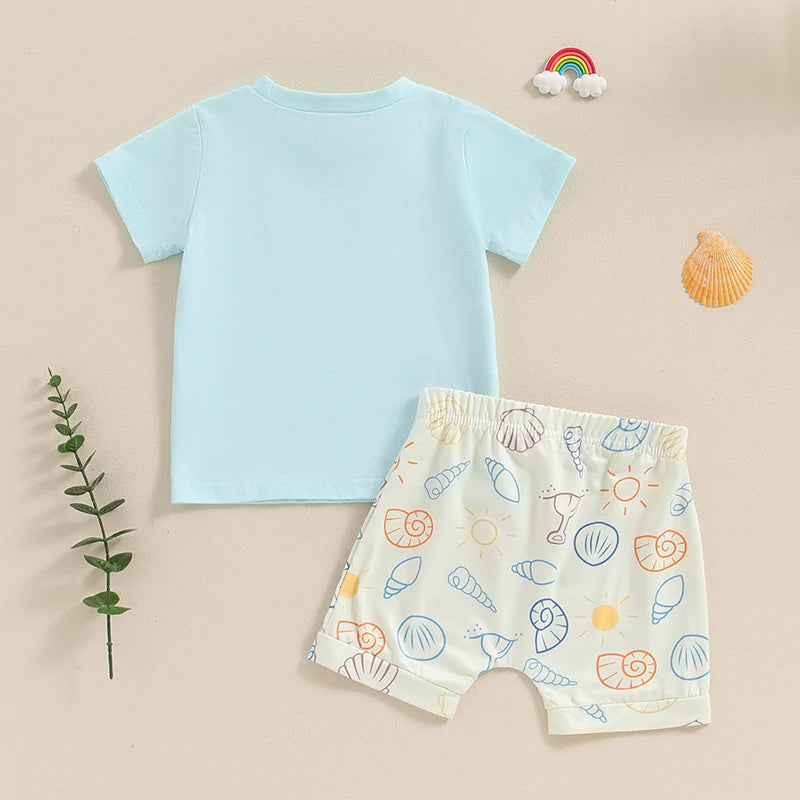 Baby Toddler Boys 2Pcs Finders Keepers / Take Me To The Beach Short Sleeve Letter Print Top and Drawstring Shorts Set