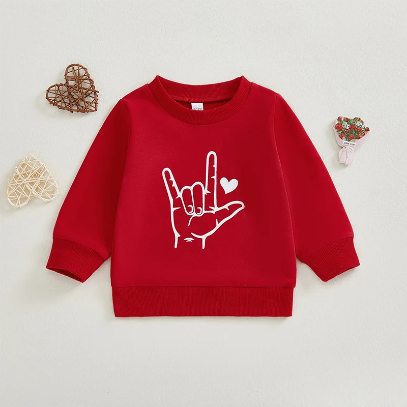 Baby Toddler Girls Boys Love Hand Sign Language Heart Print Long Sleeve Pullover Valentine's Day Valentines Top