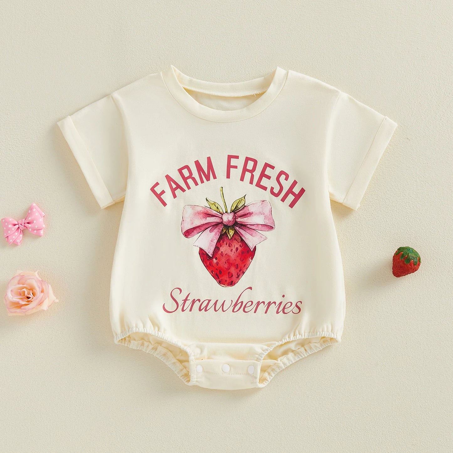 Baby Girls Farm Fresh Strawberries Summer Romper Fashionable Strawberry Letters Printed Short Sleeve Round Neck Jumpsuit