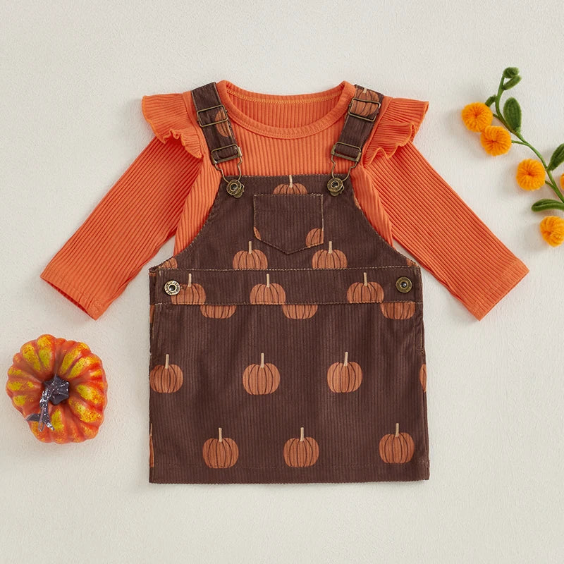 Baby Girls 2Pcs Halloween Set Long Sleeve Ruffled Ribbed Romper Pumpkin Print Overalls Skirt Outfit