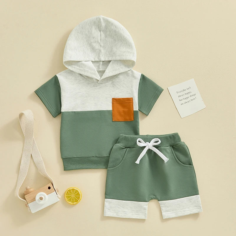 Toddler Baby Boy 2Pcs Color Block Short Sleeve Hooded Top Jogger Shorts Set Summer Outfits