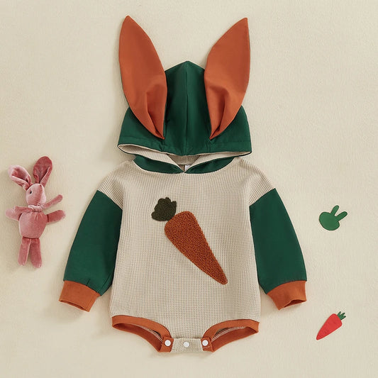 Baby Boys Girls Hooded Rabbit Ears Romper Fall Spring Long Sleeve Carrot Embroidery Loose Playsuit Easter