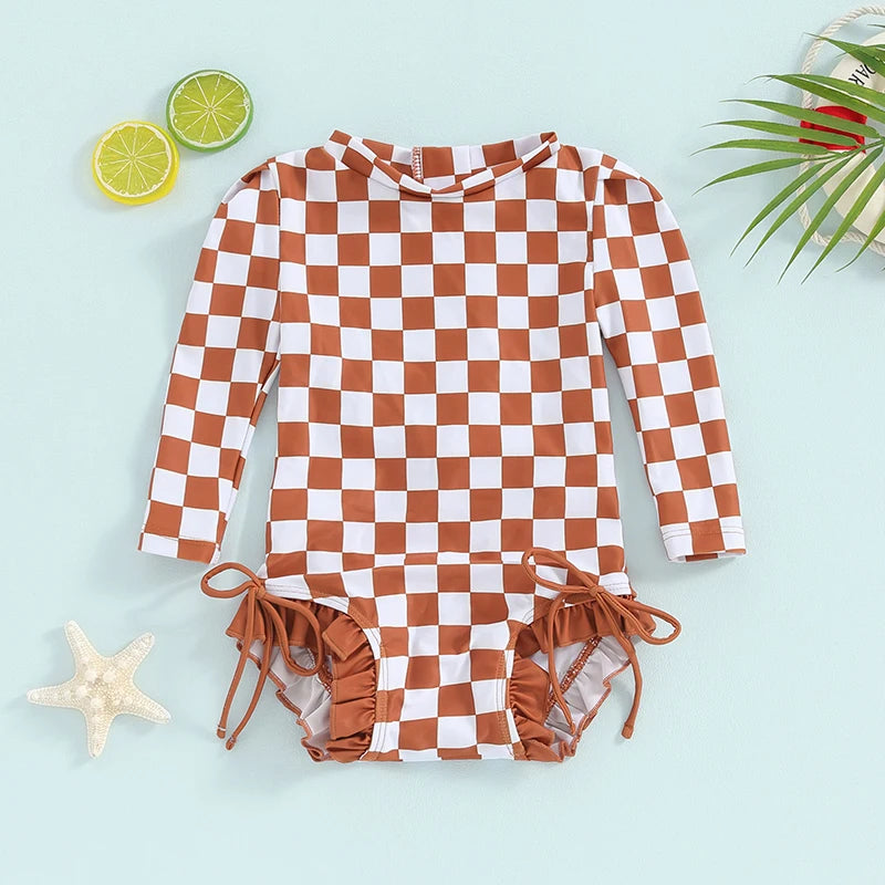 Baby Toddler Girls Beach Swimwear Long Sleeve Checkerboard Plaid Print Ruffle Romper Bathing Suit