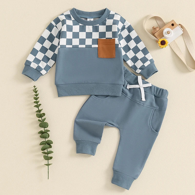 Baby Toddler Boys 2Pcs Fall Clothes Checkerboard Print Long Sleeve Pocket Top with Solid Color Long Pants Outfit Set