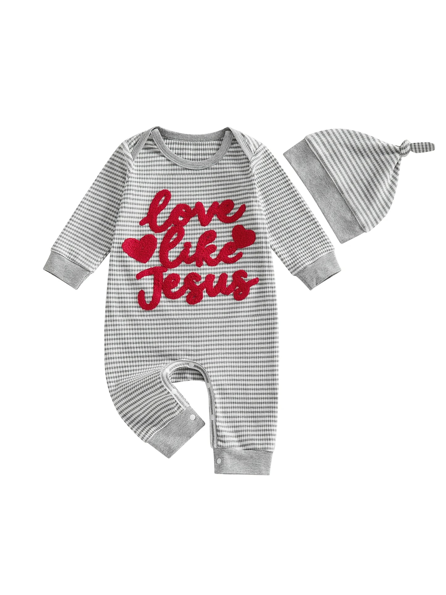 Baby Boys Girls 2Pcs Valentine's Day Romper Love Like Jesus Striped Heart Letter Embroidered Long Sleeve Jumpsuit Knotted Hat Set
