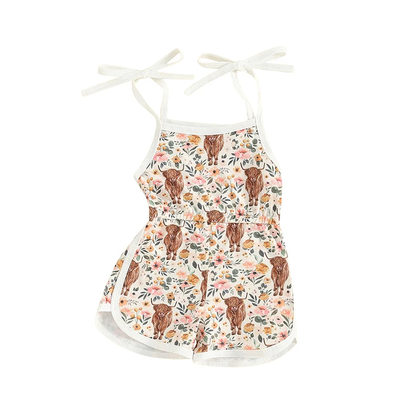 Baby Toddler Girl Western Shorts Romper Floral Flowers Cattle Highland Cow Print Sleeveless Sling Tie-Up Tank Top Overalls Jumpsuit