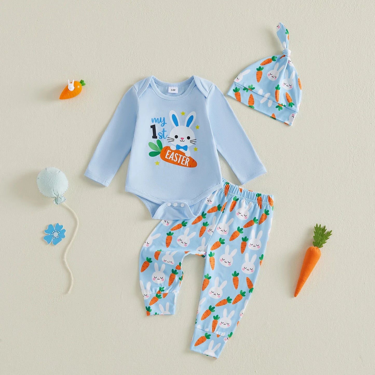 Baby Boy 3Pcs My 1st Easter Outfit Bunny Carrot Print Crew Neck Long Sleeve Romper Pants and Hat Set