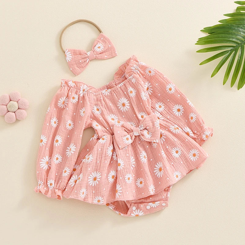 Baby Girls 2Pcs Autumn Romper Dress Long Sleeve Off Shoulder Poof Sleeve Flowers Print Floral Romper with Headband Set