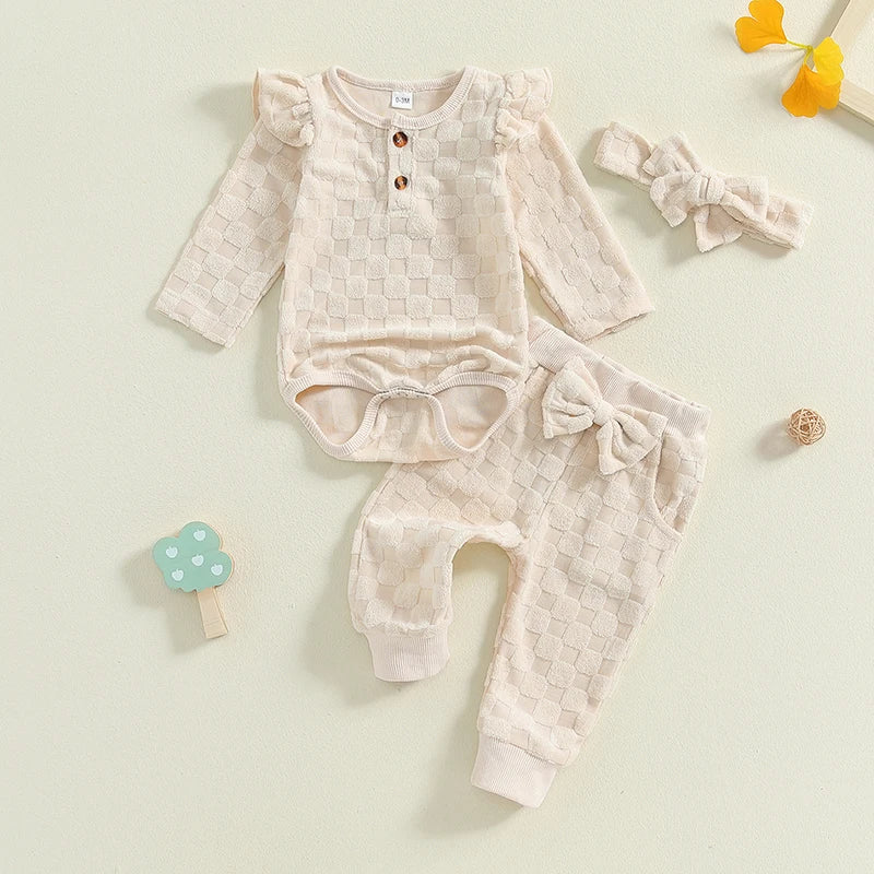 Baby Girls 3Pcs Set Checkered Button Long Sleeve Round Neck Ruffled Romper Long Pants Hair Band Outfit