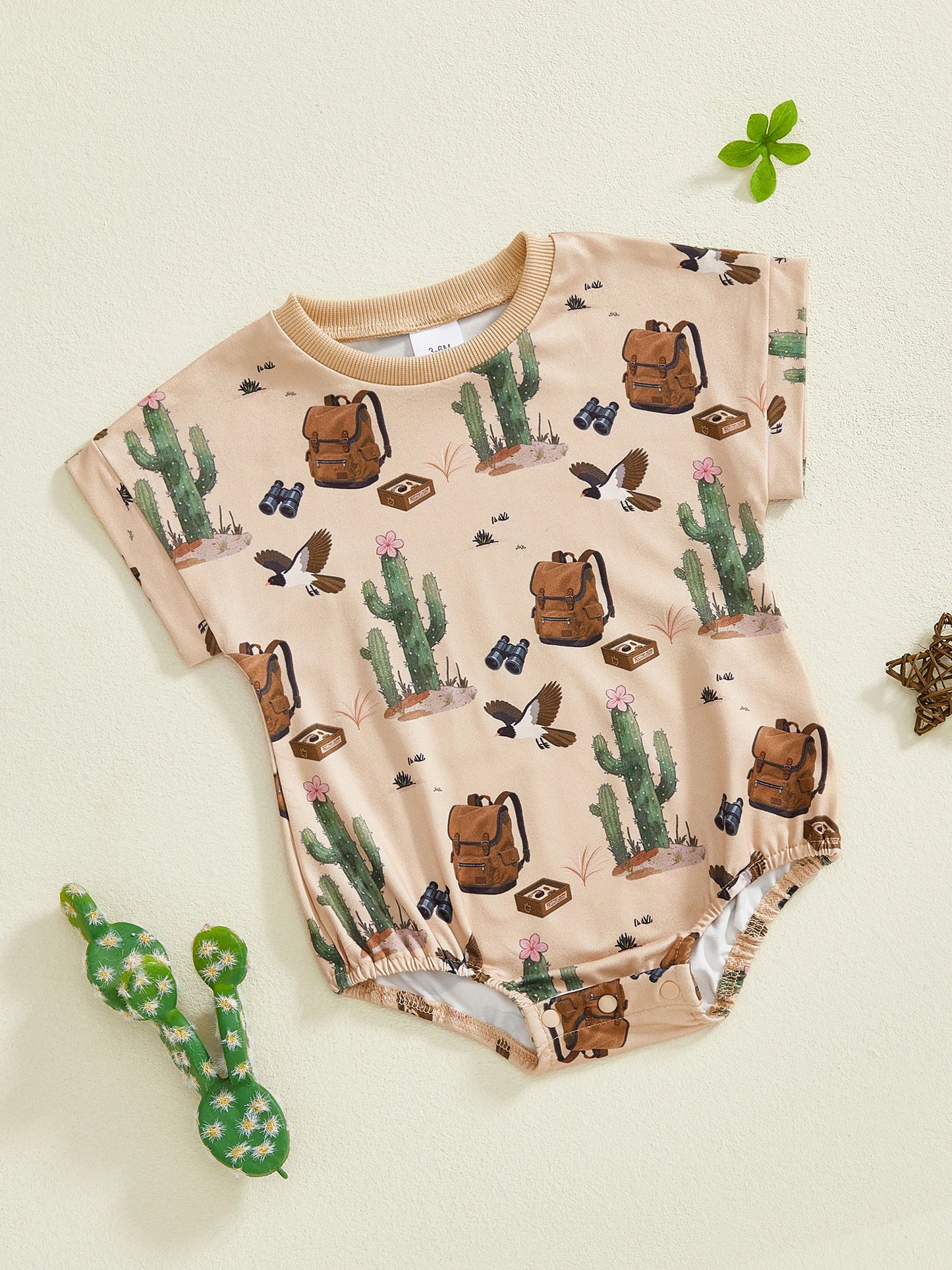 Baby Boy Summer Jumpsuit Cactus Print Short Sleeve Round Neck Romper Cute Bodysuit