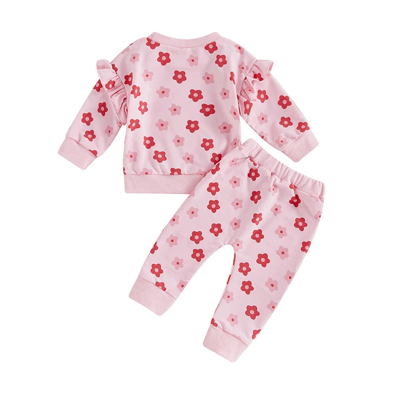 Baby Toddler Girl 2Pcs Fall Outfit Ruffle Long Sleeve Floral Flower Print Top + Pants Set