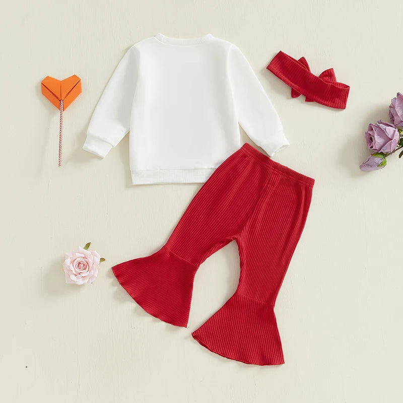 Baby Toddler Girls 3Pcs Valentine's Day Outfit Long Sleeve Embroidery Be Mine Letter Crewneck Top with Flare Pants and Headband Outfit Valentines Set