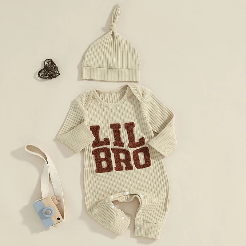 Baby Boy 2Pcs Lil Bro Jumpsuit and Hat Set Long Sleeve Round Neck Letter Print Ribbed Romper with Beanie Outfit