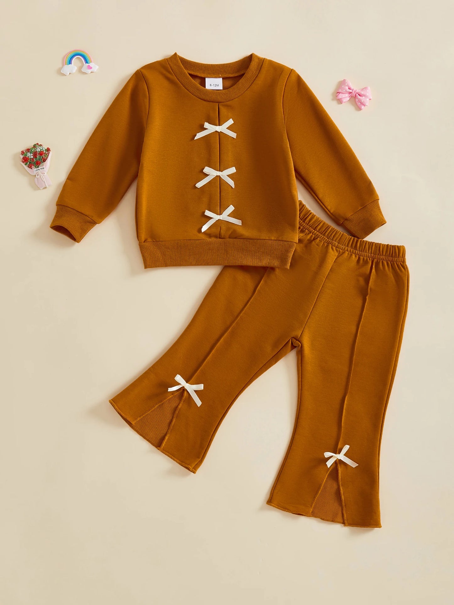 Baby Toddler Girl 2Pcs Fall Outfit Bow Decor Long Sleeve Round Neck Pullover Top + Elastic Waist Flare Pants 2Pcs Set