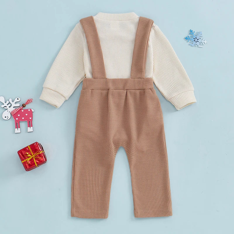 Baby Toddler Boys Girls 2Pcs Christmas Outfit Deer Embroidery Crew Neck Long Sleeve Rompers Suspender Overalls Pants Set