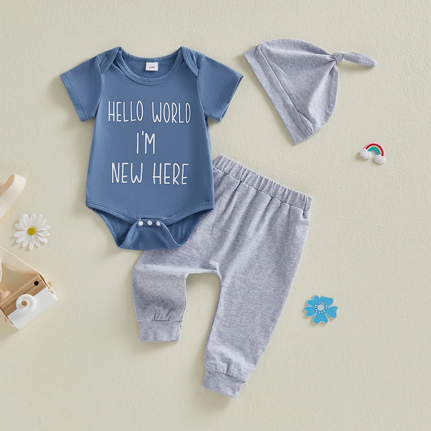 Baby Boy 3Pcs Hello World I'm New Here Summer Outfit Letter Print Crew Neck Short Sleeve Romper Pants and Hat Set