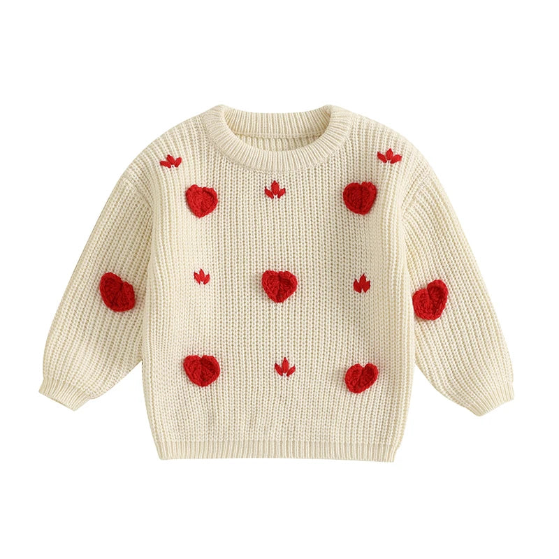 Baby Toddler Girls Valentine's Day Sweater Heart Long Sleeve O-Neck Ribbed Chunky Knit Jumper Valentines Top