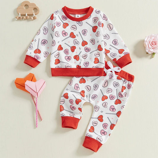 Baby Toddler Girls 2Pcs Valentine’s Day Outfit Long Sleeve Heart Lollipop Print Crewneck Top and Pants Jogger Set Valentines