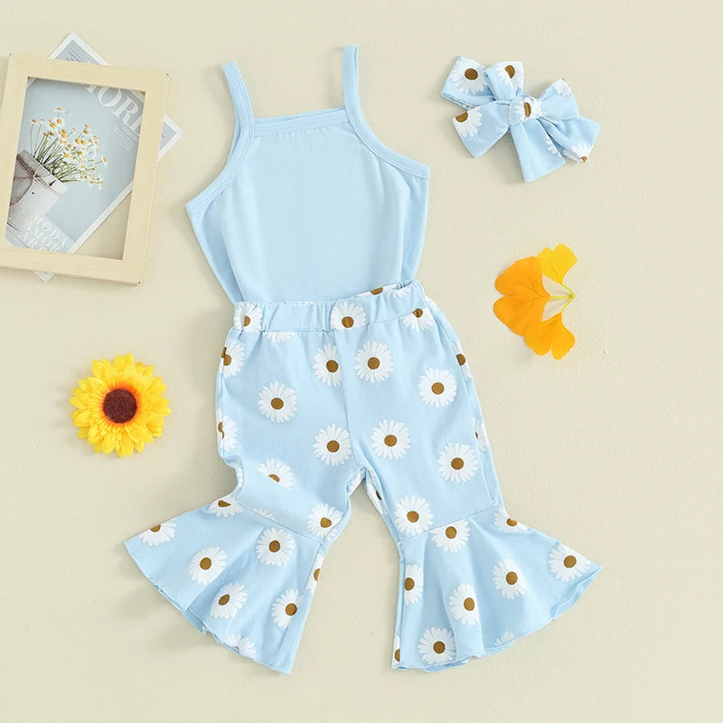 Baby Girls 3Pcs Summer Outfit, Sleeveless Tank Top Romper with Daisy Flower Print Flare Long Pants and Headband