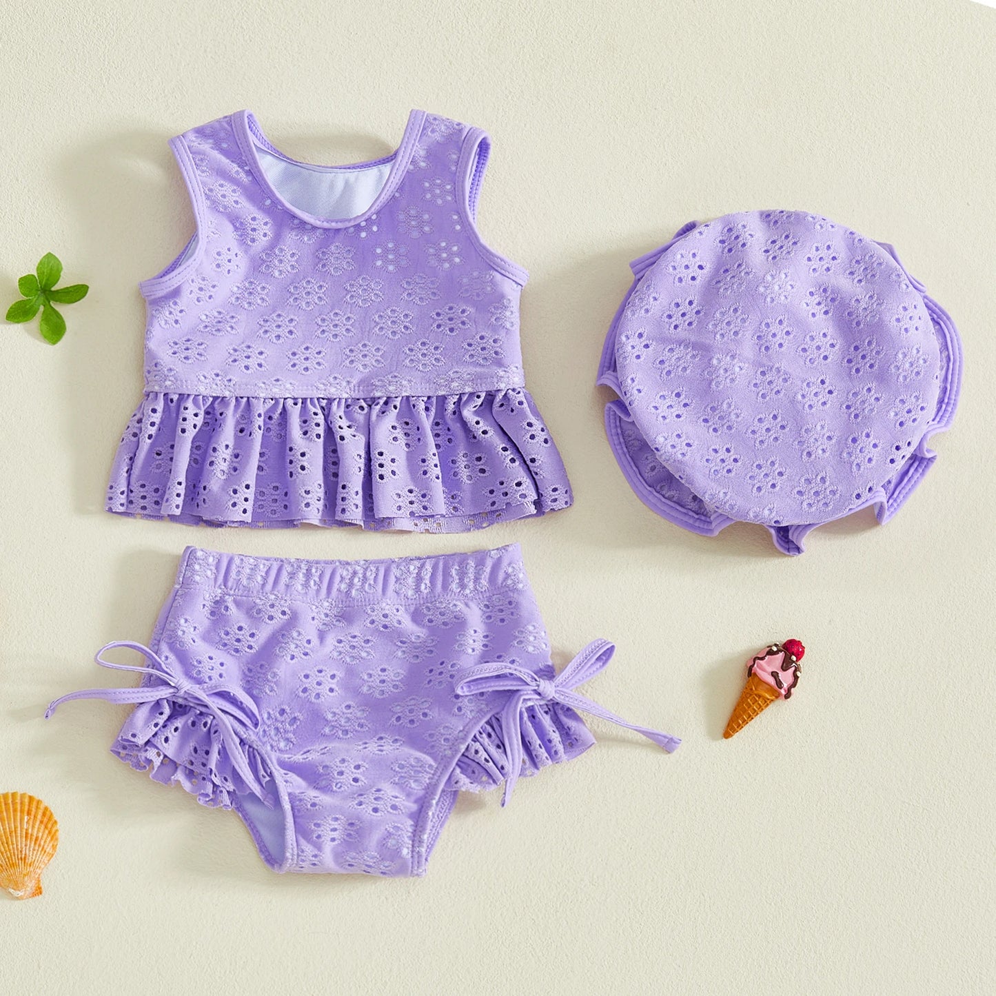 Baby Toddler Girls 3Pcs Swimsuit Set Sleeveless Crew Neck Solid Embroidery Top Bikini Bottoms and Hat Swimwear