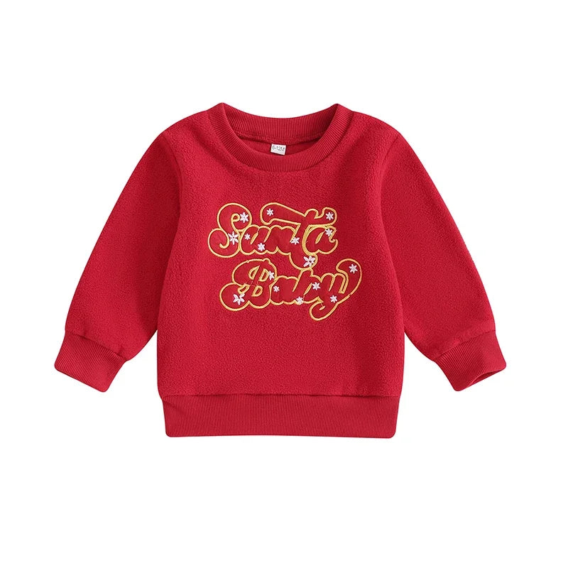 Baby Toddler Kids Girls Boys Christmas Fleece Top Santa Baby Letter Embroidery Crew Neck Long Sleeve Pullover Top