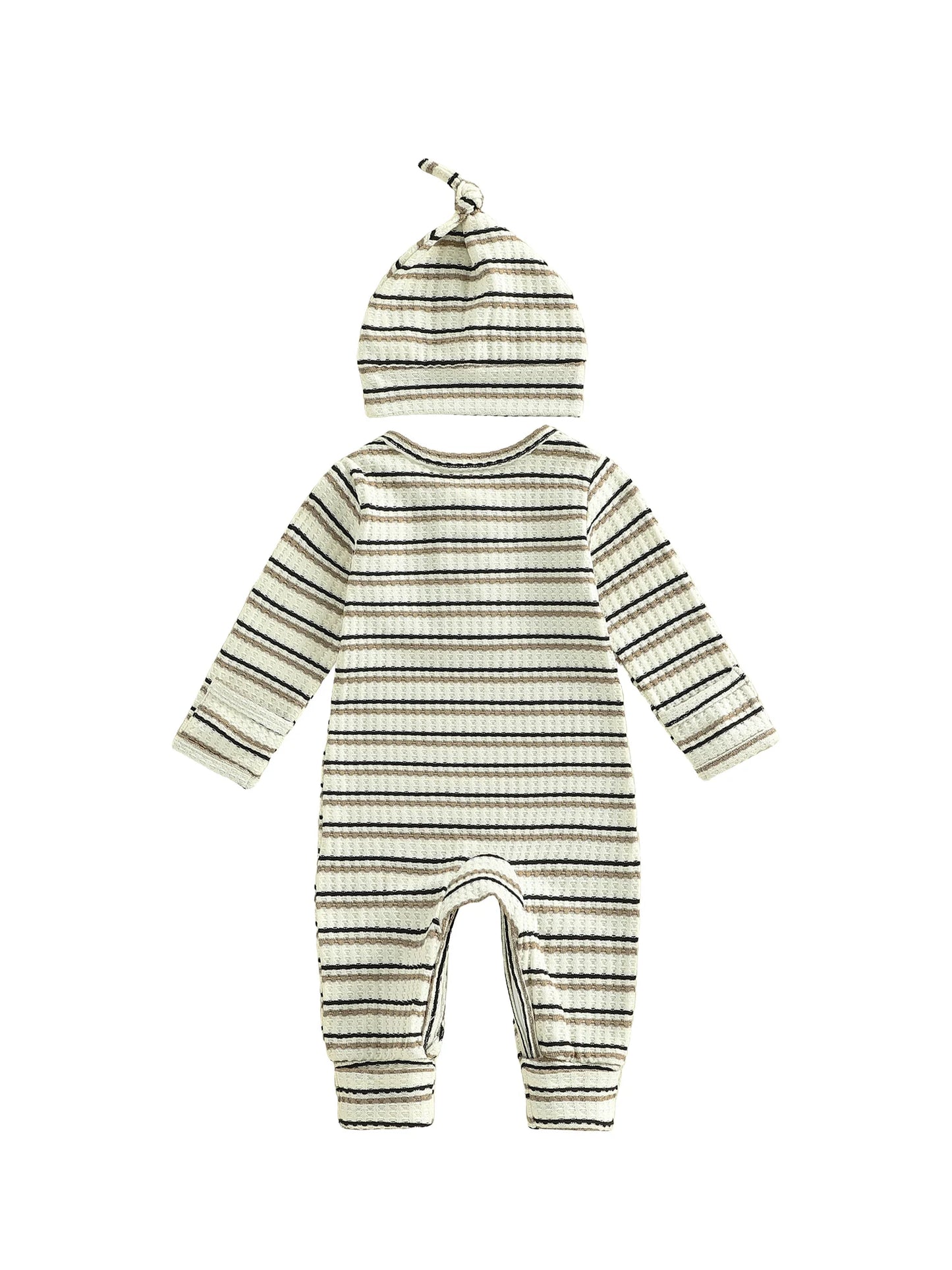Baby Boy Girl 2Pcs Outfit Striped Long Sleeve Romper and Knotted Hat Spring Set