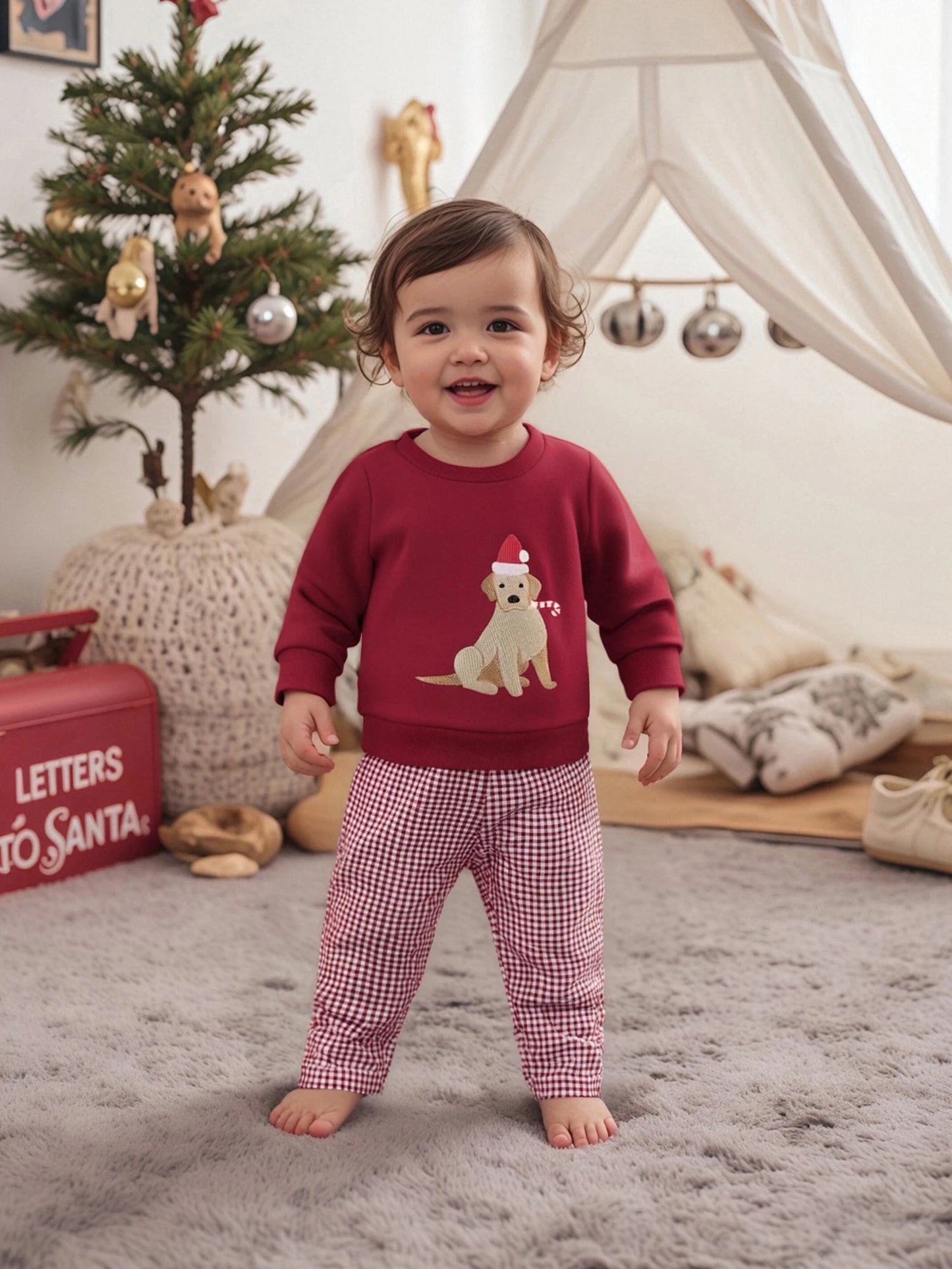 Baby Toddler Girls Boys 2Pcs Christmas Outfit Dog Embroidered Crew Neck Long Sleeve Top and Plaid Pants Set